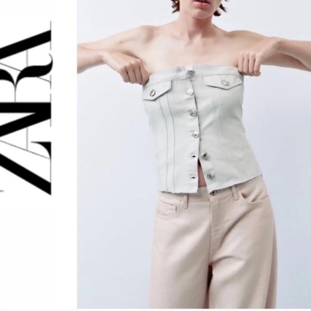 Zara denim cropped shiny top - Picture 1 of 8